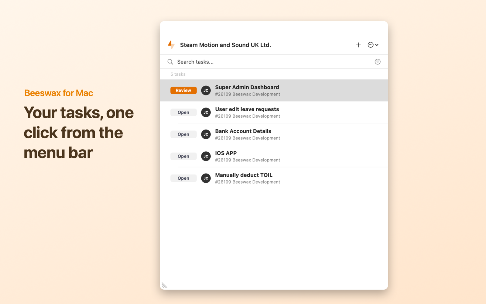 Beeswax Mac menu bar task list