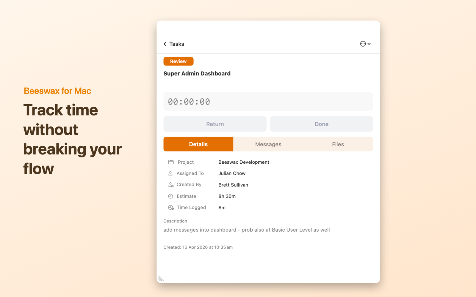 Beeswax Mac app task timer