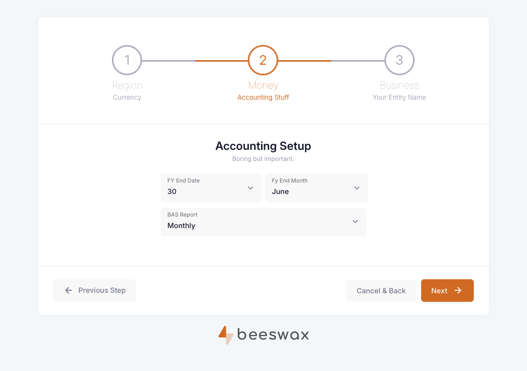Accounting Setup money step