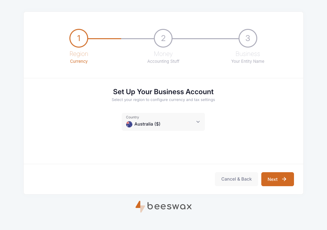 Set Up Your Business Account region step