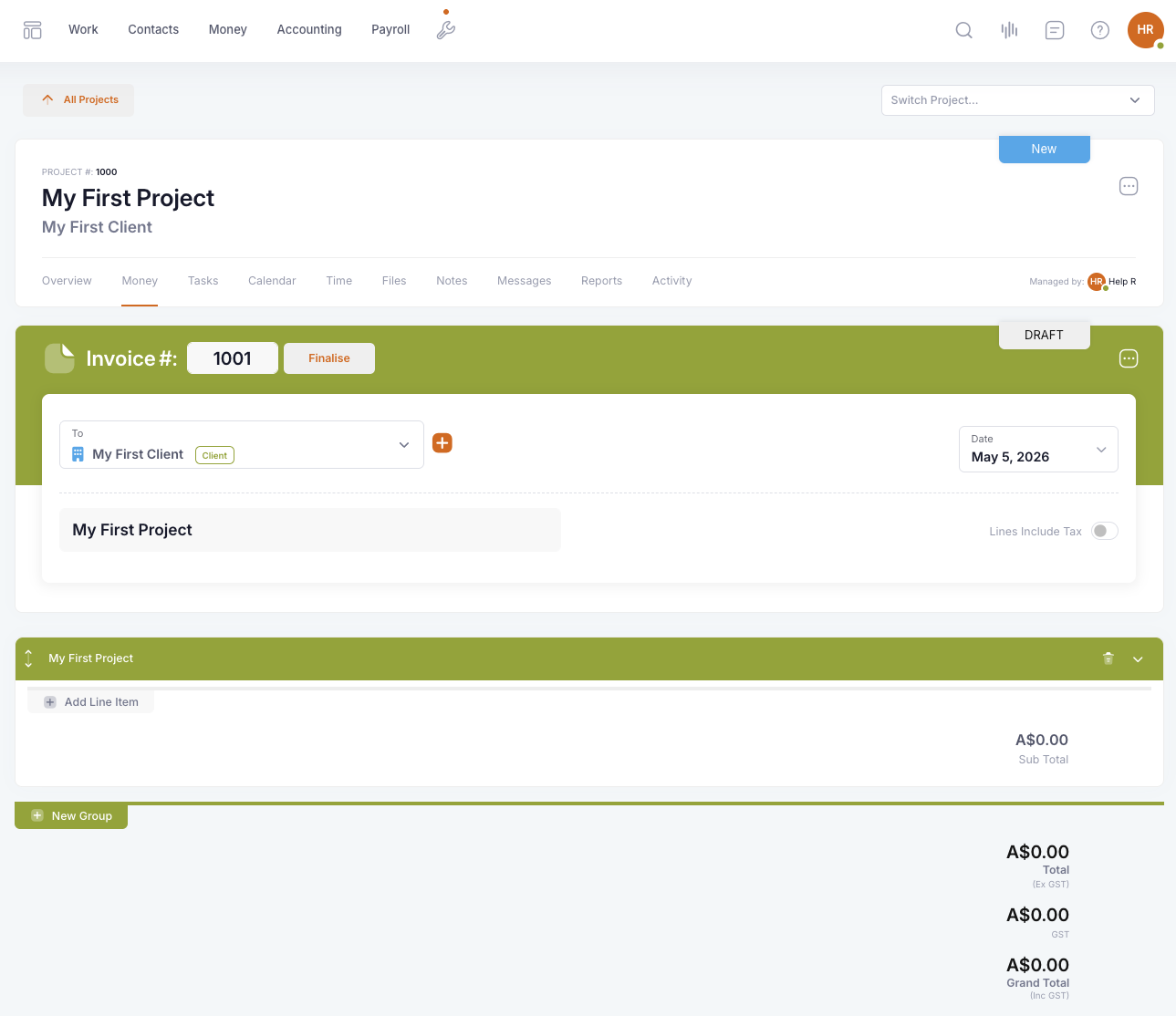 Draft invoice page after clicking New Invoice