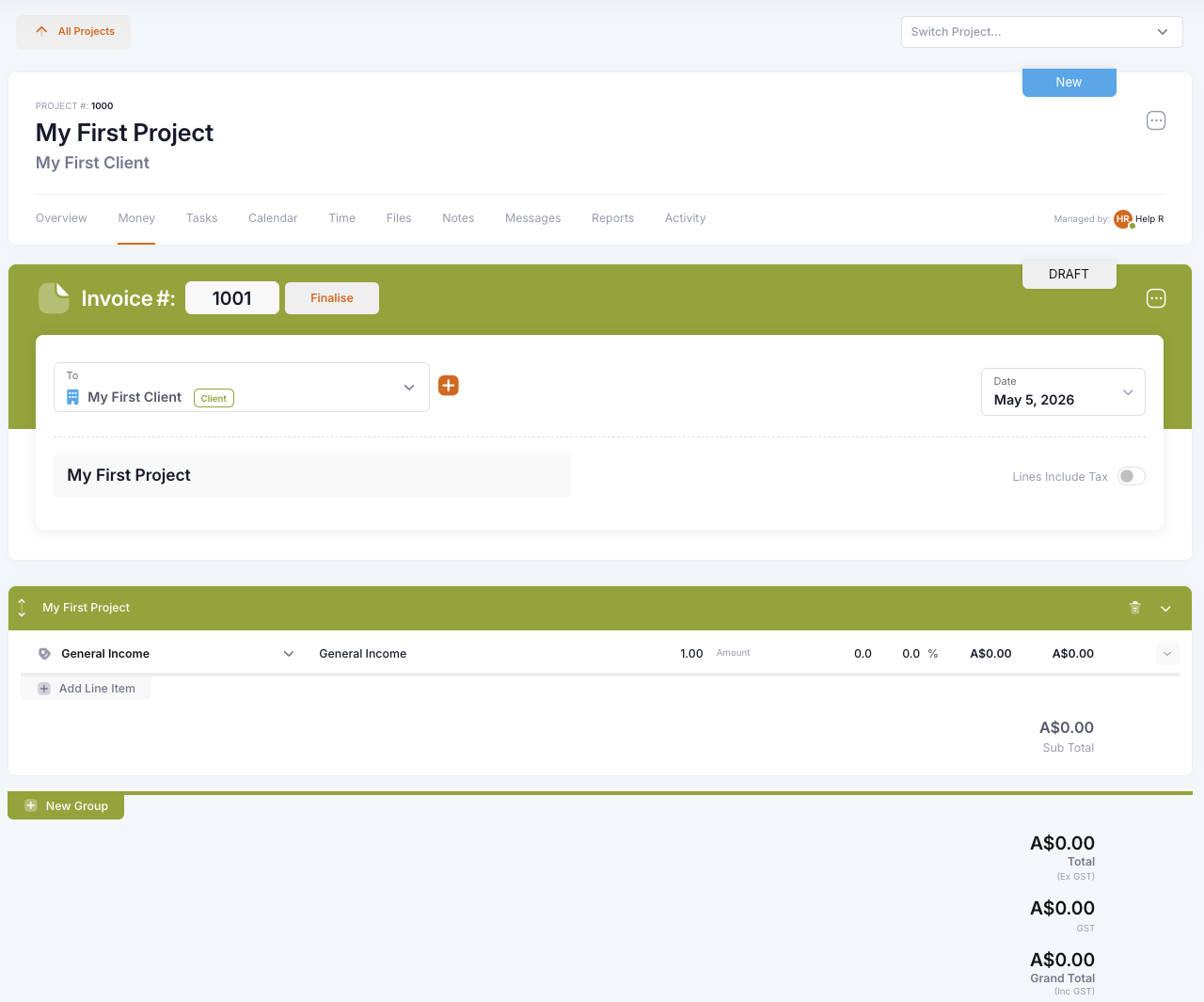 Invoice line item row after clicking Add Line Item