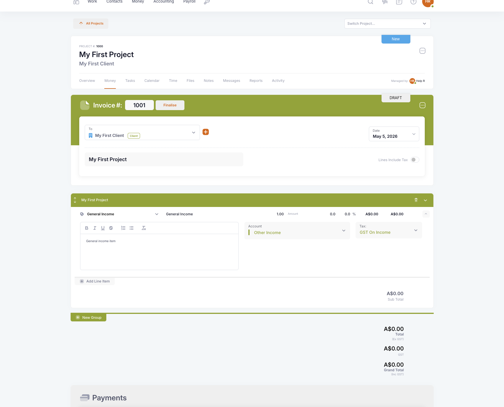 Expanded line item details showing Account and Tax fields